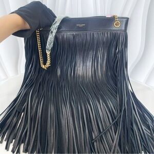 Saint Laurent Black Leather Fringe Large Tote Bag